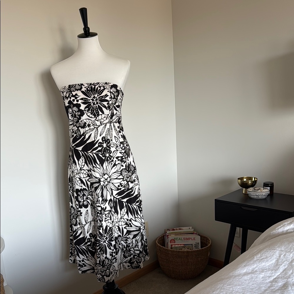 Floral Black and White Strapless Dress